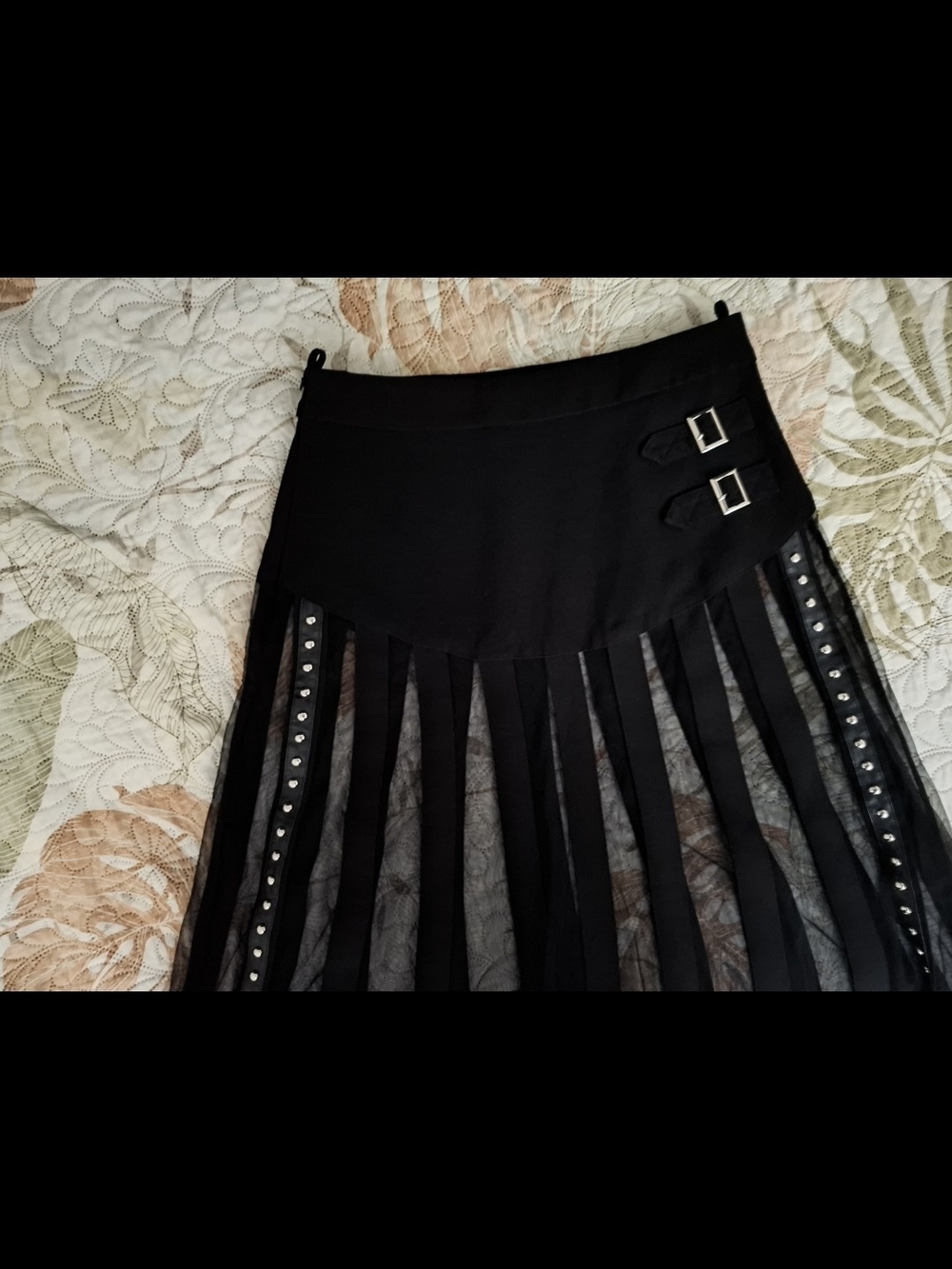 Black Strappy Mesh Panel Midi Skirt with Buckle Detail